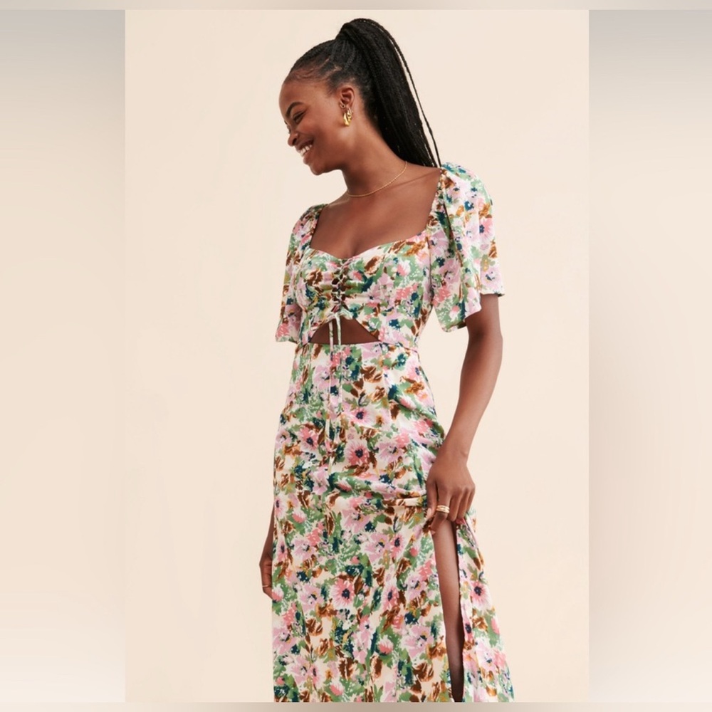 Floral Tie-Front Midi Dress Pastel Multi Floral Cutout sz s - Picture 2 of 12